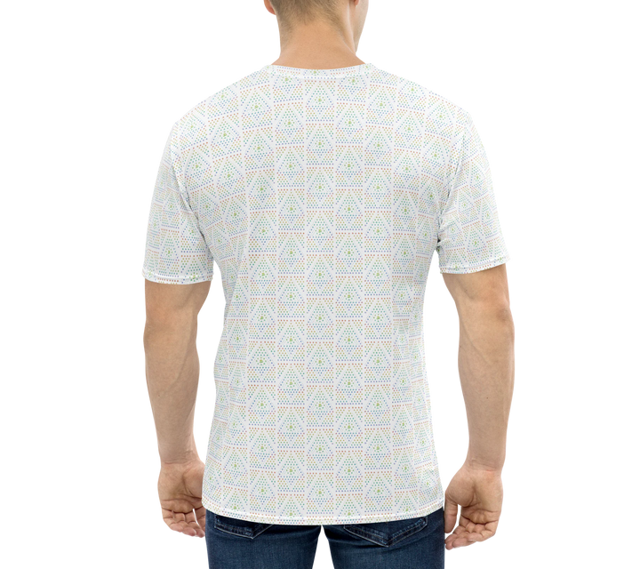 Back view of model in white psychedelic t-shirt with sacred geometry print – stylish for Burning Man, psytrance gatherings, and conscious fashion scenes.