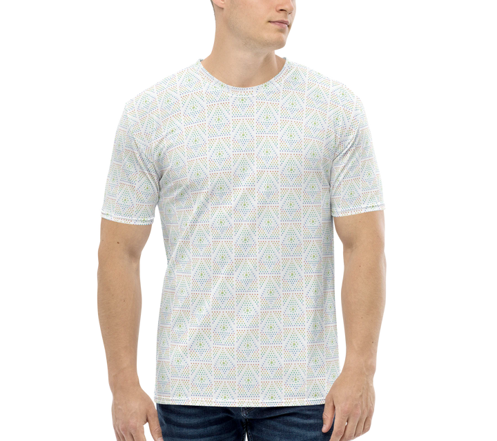 Model wearing white sacred geometry t-shirt with trippy geometric art – a top choice for rave clothing, festival outfits, and unisex psychedelic style.