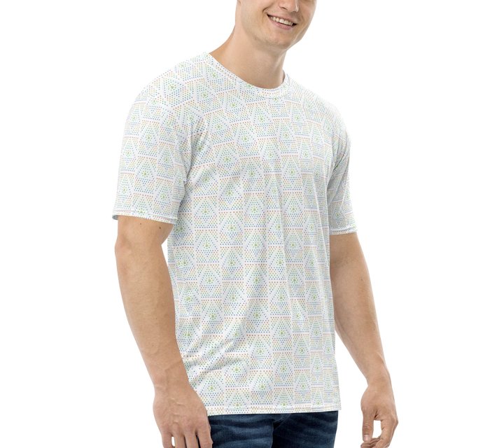 Side view of white psychedelic festival t-shirt with visionary sacred geometry pattern – great for creative self-expression and festival-goers.