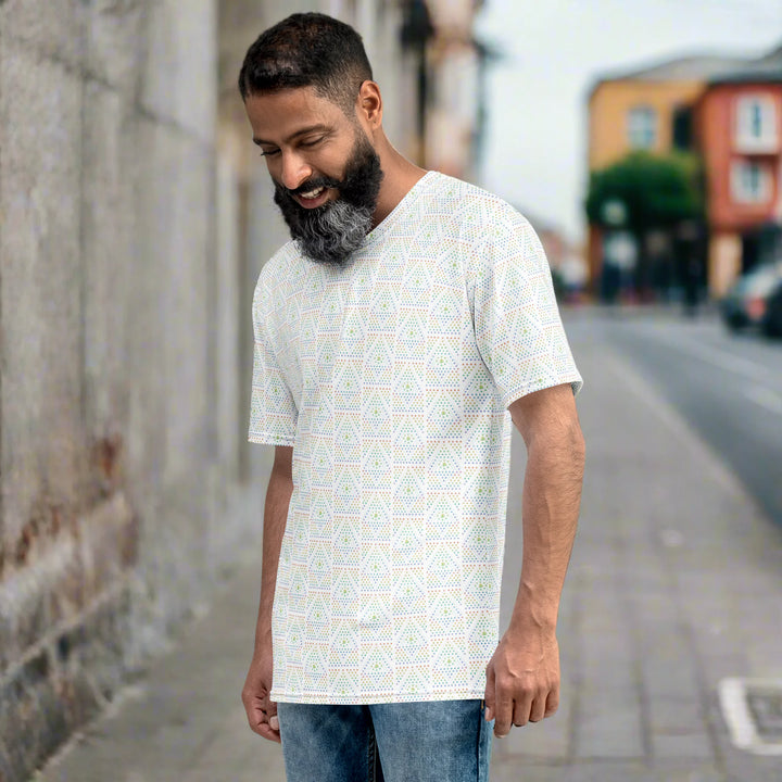 model-view with white geometric psychedelic t-shirt – ideal for EDM festivals, spiritual fashion lovers, and unisex visionary wear.