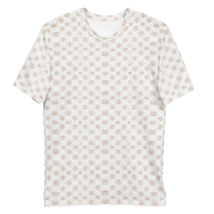 Flat lay of white and red Dotadelic t-shirt – sacred geometry design for psychedelic festival wear.