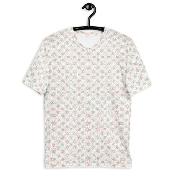 Front view of white and red Dotadelic t-shirt with psychedelic fractal geometry – ideal for festival and visionary wear.