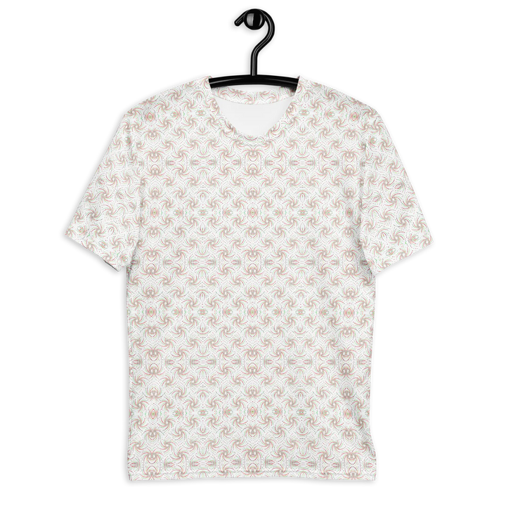 Front view of white and red Dotadelic t-shirt with psychedelic fractal geometry – ideal for festival and visionary wear.