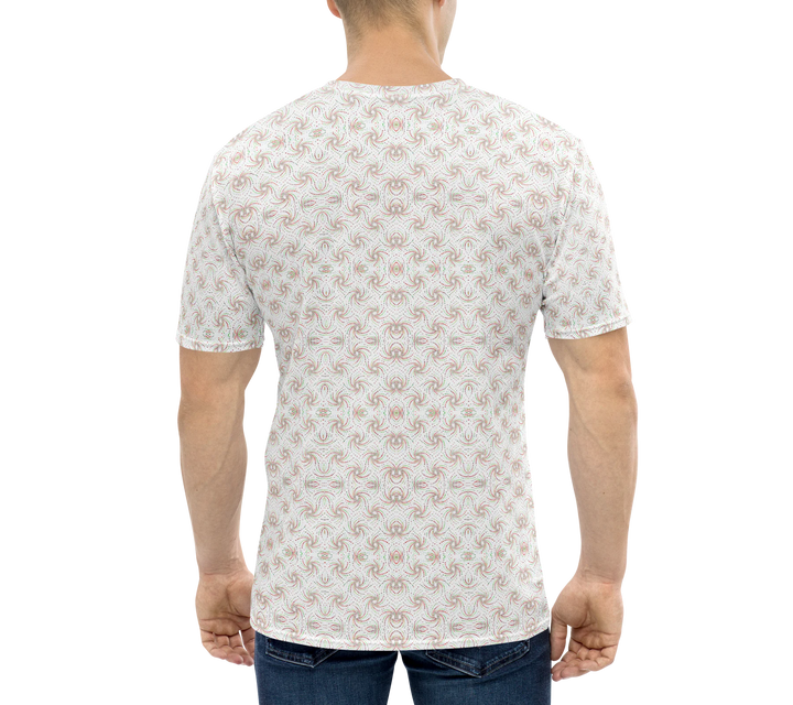 Back of model in white-red Dotadelic t-shirt – visionary fractal geometry for electronic music and festival style.
