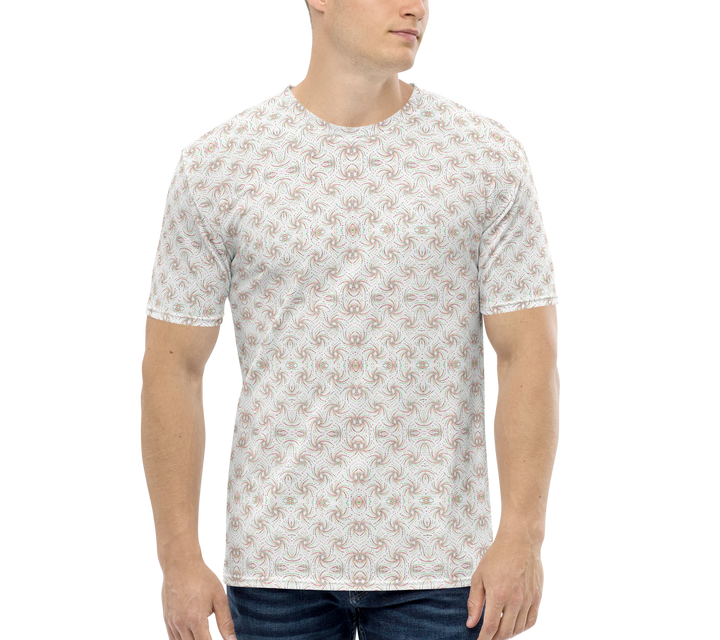 Model wearing white and red Dotadelic shirt – bold psychedelic art for festival and psytrance lovers