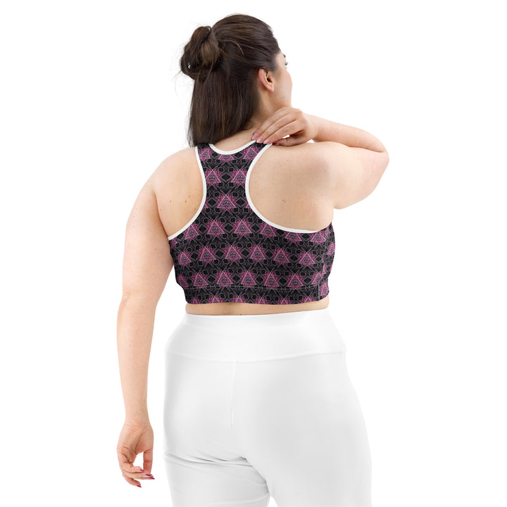 Back view of Eyora racerback bra – sacred geometry activewear for raves, yoga, and performance wear big women