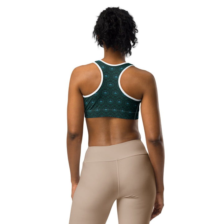 Back view of white-trim Geolotus bra – rave-ready sacred geometry workout top