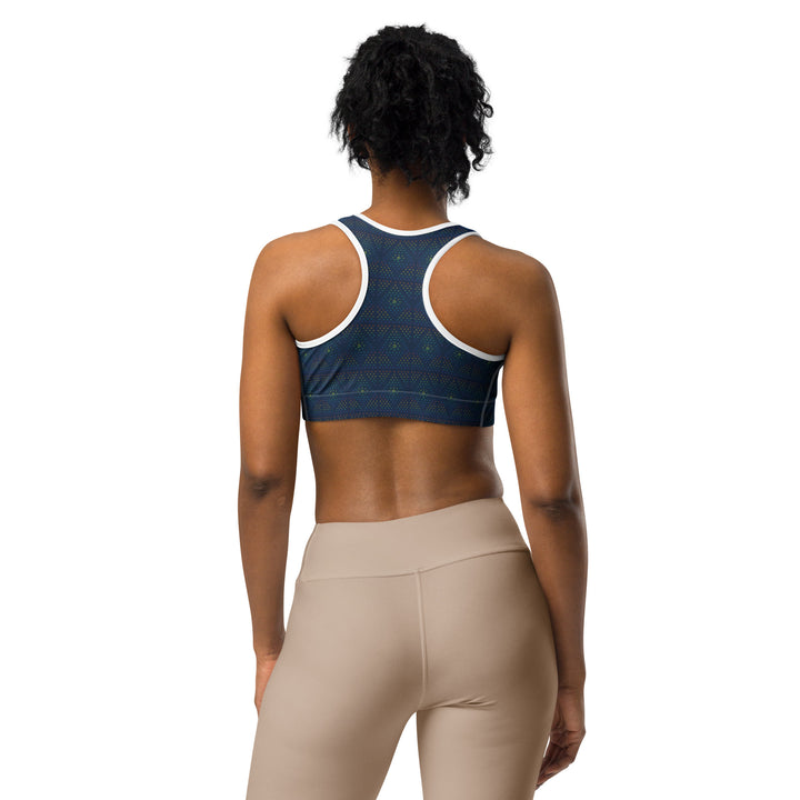 Back view of white-trim GeOm bra – rave-ready sacred geometry workout top