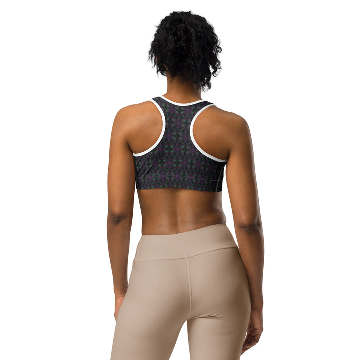 Back view of white-trim Nebulith bra – rave-ready sacred geometry workout top
