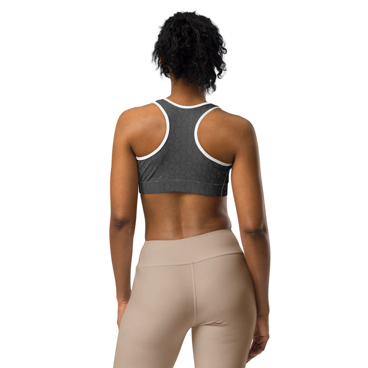 Back view of white-trim Warpwave bra – rave-ready sacred geometry workout top